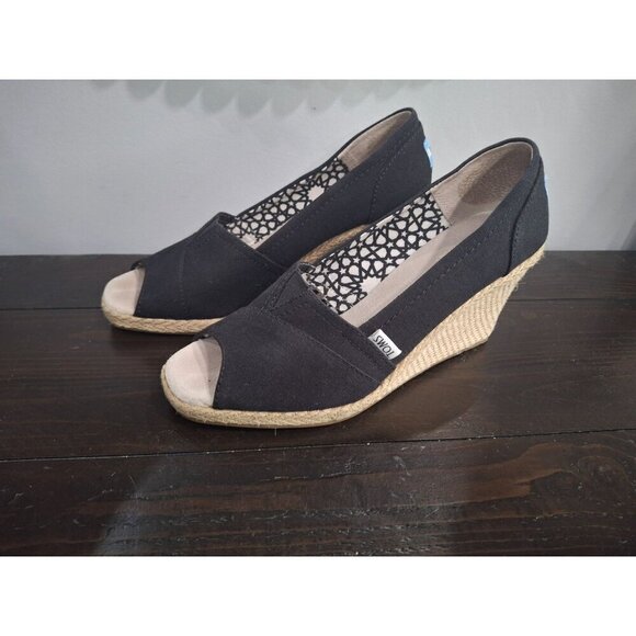 EUC Toms Calypso Black Peep Toe Espadrille Hemp Wedge/Sz. 9 - Picture 3 of 9